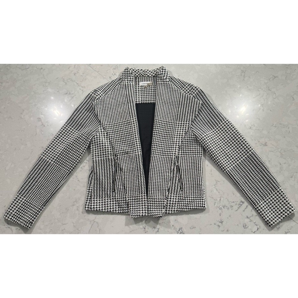 Calvin Klein Houndstooth Open Front Blazer Jacket Womens Medium Black White